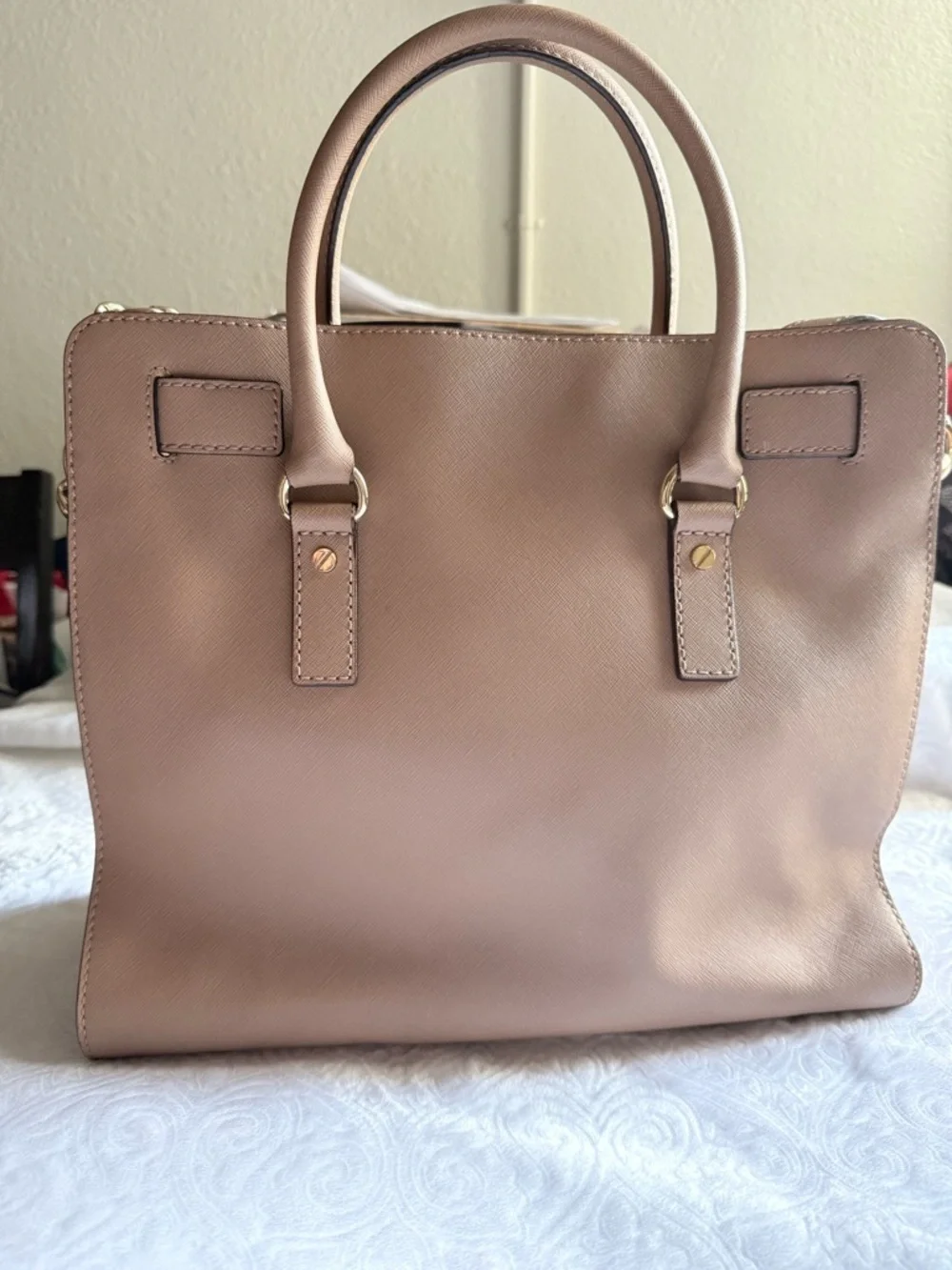 Michael Kors Blush Pink Hamilton Tote Bag Gold Lock Key Saffiano Leather
